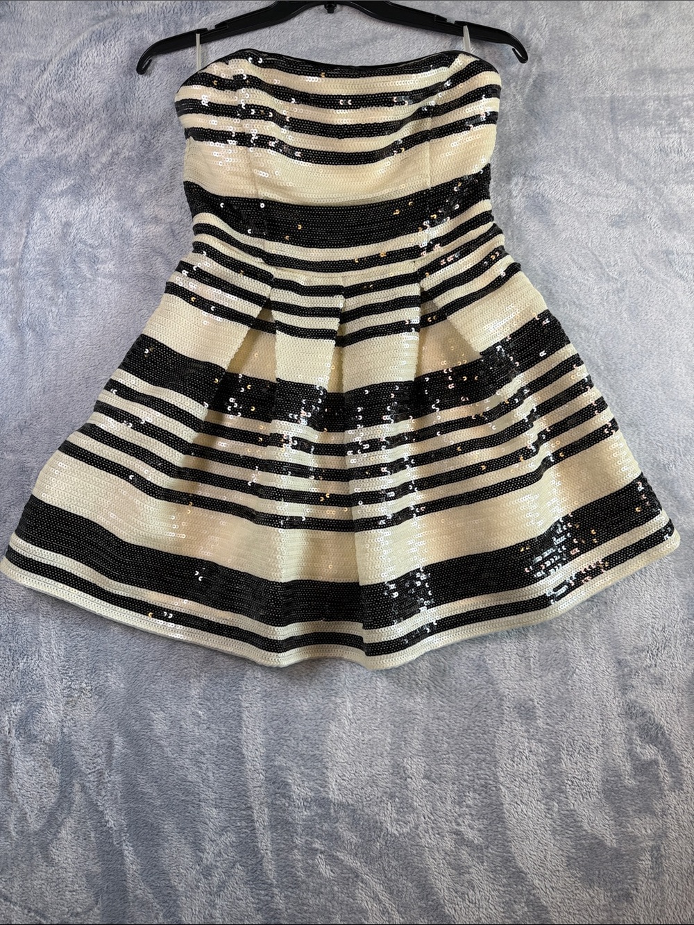 bebe Strapless Black and Cream Sequin A-Line Dress